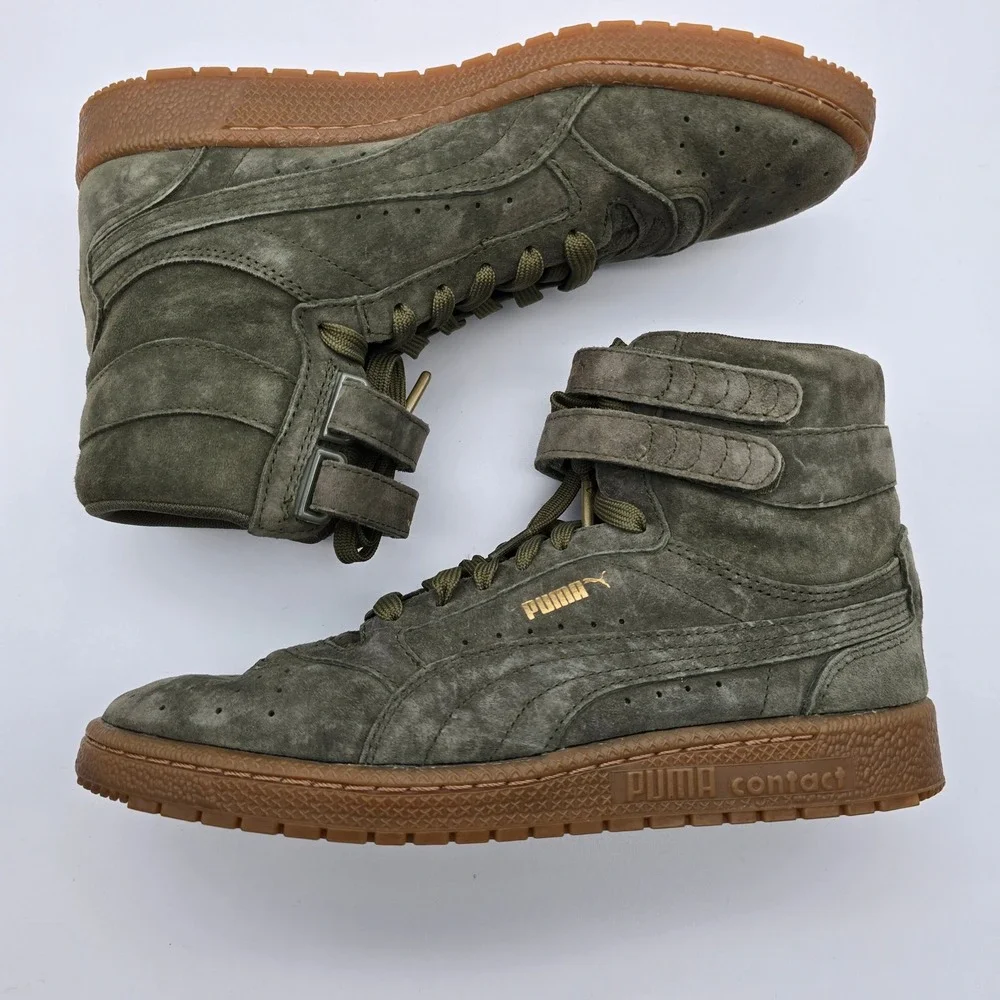 Puma Sky II Hi Olive Green Suede Gum Sole High Top Sneakers Women Gold Logo